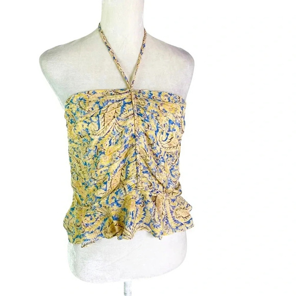 NWT Veronica Beard Silk Arienne Gathered Halterneck Top Yellow and Blue Size 14 - Picture 5 of 13